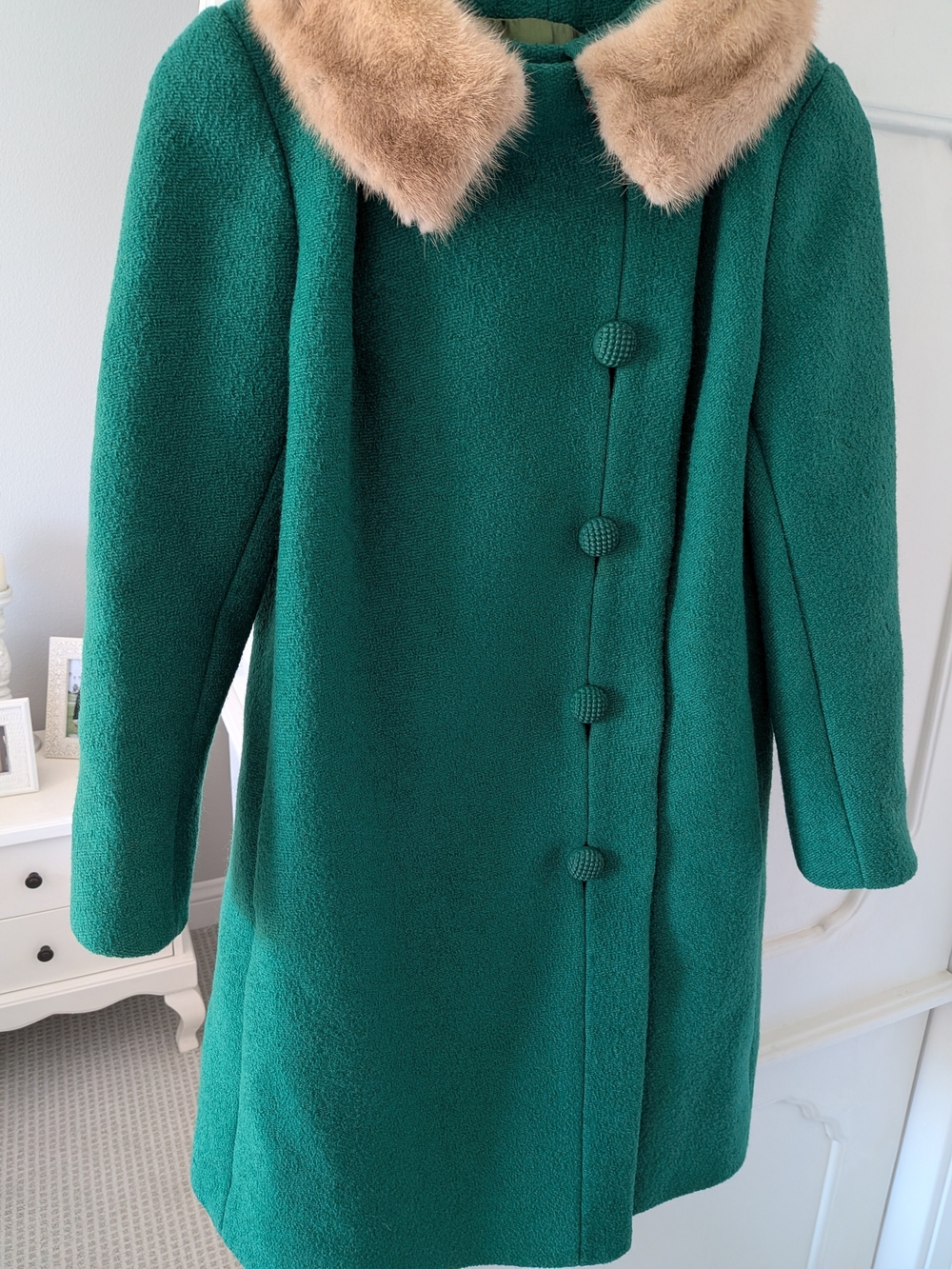 Emerald Green Peacoat with Tan Fur Collar